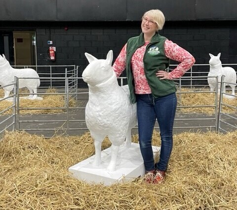 Artist Gillian Robb stands beside the blank sheep before she painted it.