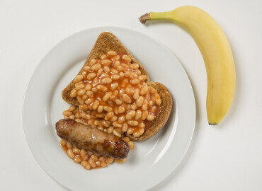 Sausage, beans and toast, followed by a banana