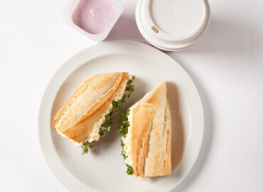 Egg and cress mayonnaise baguette, fruit yogurt and skinny latte