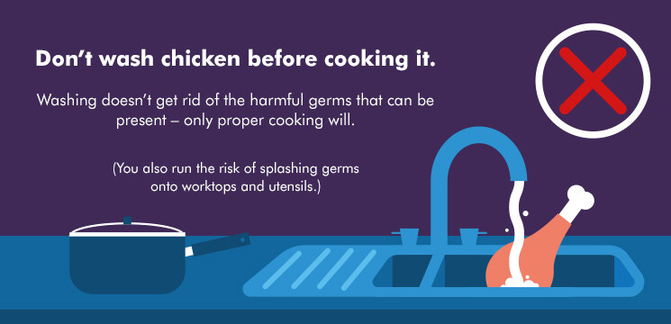 advice not to wash raw chicken because this risks splashing germs on worktops