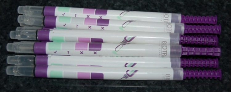 A group of white and purple swabs