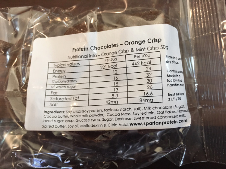 Spartan protein chocolate orange crisp bar ingredients and nutrition information