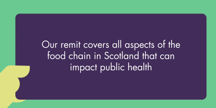 Hand holding a sign that states Our remit covers all aspects of the food chain in Scotland that can impact on public health
