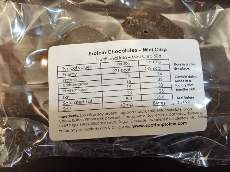 Spartan protein chocolate mint crisp ingredients and nutrition information