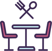 Image of table and chairs with a fork and spoon icon above the table
