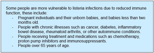Text written in a blue box that reads - Some people are more vulnerable to listeria infections due to reduced immune function, these include: -	Pregnant individuals and their unborn babies, and babies less than two months old.  -	People with chronic illnesses such as cancer, diabetes, inflammatory bowel disease, rheumatoid arthritis, or other autoimmune conditions. -	People receiving treatment and medications such as chemotherapy, proton pump inhibitors and immunosuppressants.  -	People over 65 years of age