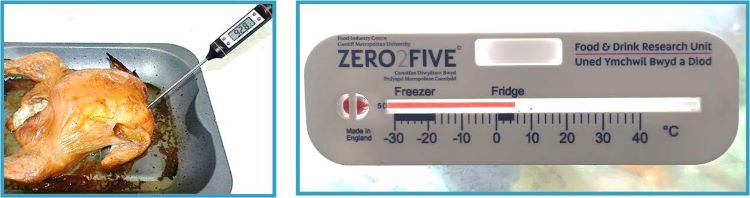 Two images joined together. One shows a meat thermometer stuck into the thickest part of a roast chicken. The other image is a fridge thermometer showing a temperature of 5 degrees.