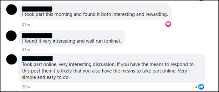 Three social media comments from participants that state they found the research interesting and rewarding.