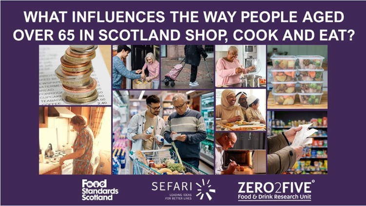 Text on images states 'What inflouences the way people over 65 in Scotland shop, cook and eat?'.. It is accompanied by a series of images including, a woman cooking, an older and younger man in a supermarket, people cooking and preparing food.