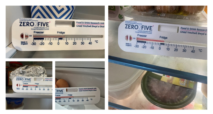 Five separate images of thermometers in fridges.
