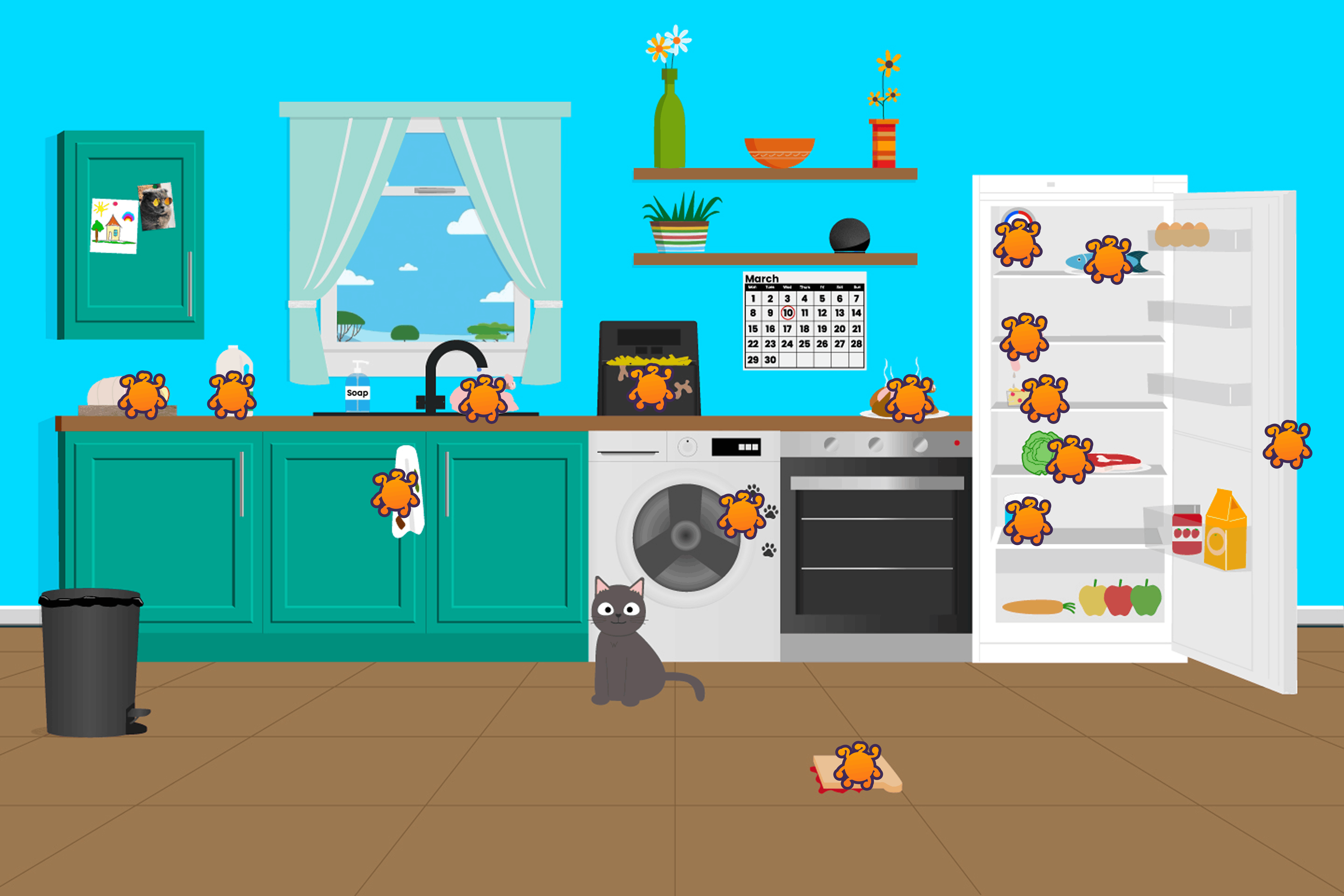 Illustration of a kitchen - multiple cartoon germs are scattered on surfaces, showing an unclean environment.